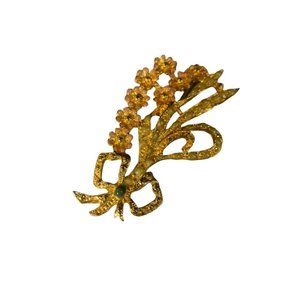 Vintage Goldtone Floral Spray Brooch 3" Pink Green Enameled